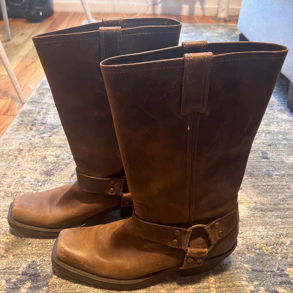 Brown leather cowboy boots